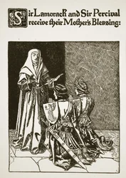 Sir Lamorack und Sir Percival erhalten den Segen ihrer Mutter, Illustration aus 